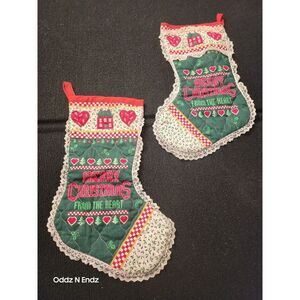 Vintage Quilted Christmas Stockings With Lace Trim & "Merry Christmas From The H